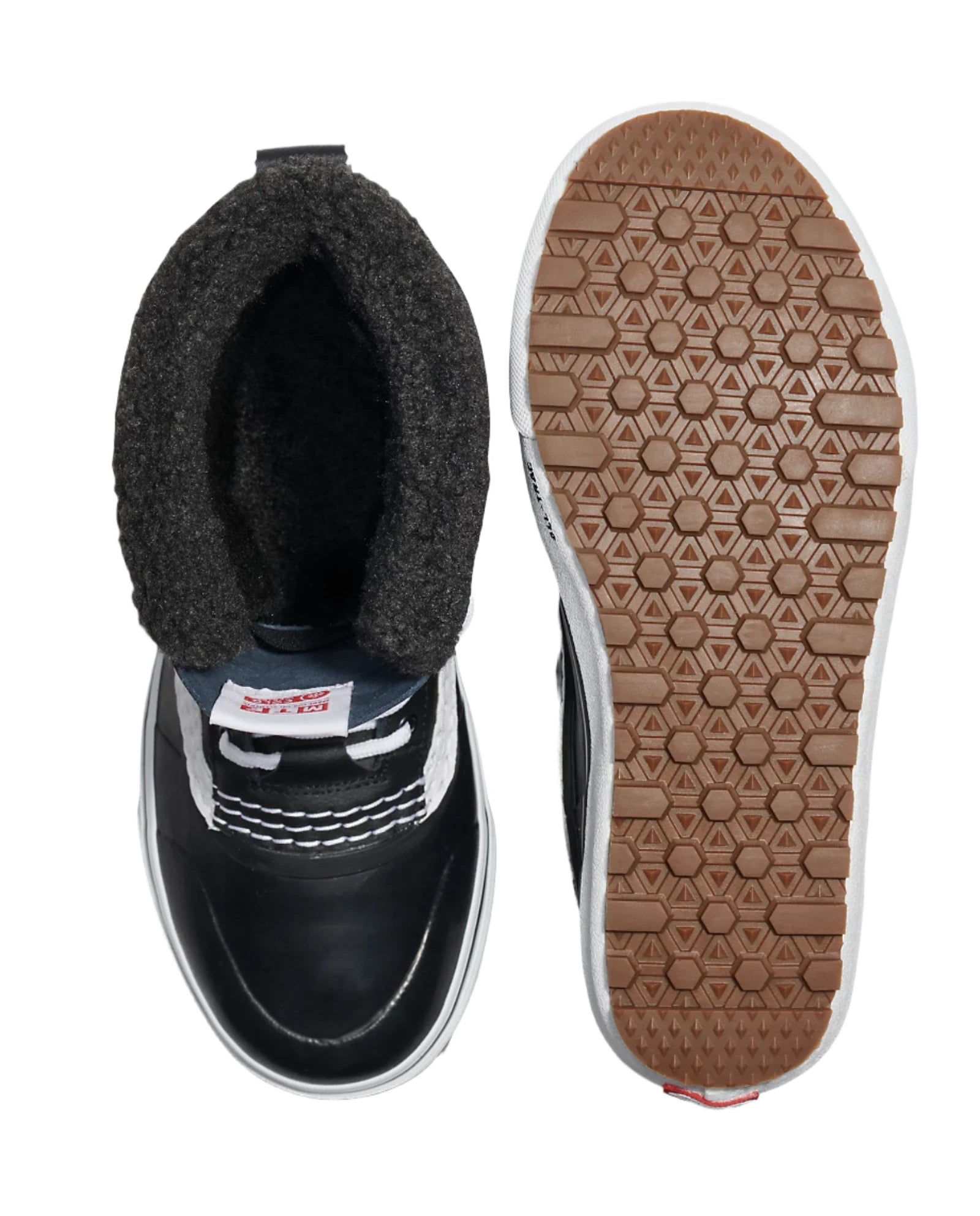 Vans MTE Standard Waterproof Boot 2025 - Black waterproof boots with white trim and a thick, dark gray fleece lining visible inside the boot opening.
