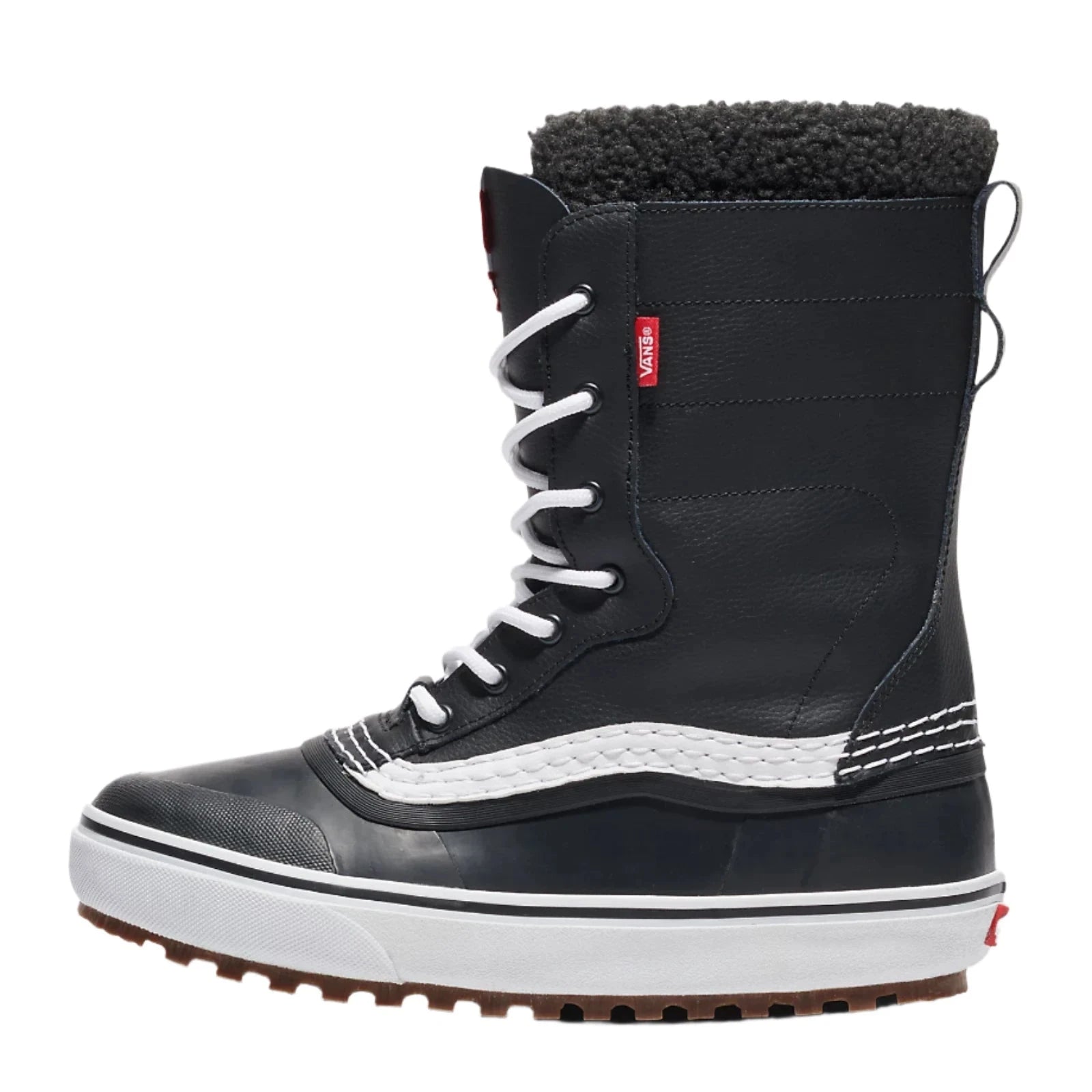 Vans MTE Standard Waterproof Boot 2025 - Black waterproof boots with white laces and a red logo on the side.