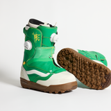 Vans green snowboard boots with white strap, BOA dial, and brown tread sole