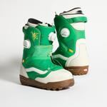 Vans green snowboard boots, side view with white panels, BOA dial, and laces