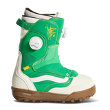 Vans green and white snowboard boot with yellow graphics, padded collar, and rubber sole