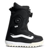 Black snowboard boots with BOA dial and white side stripe, padded tongue and heel.