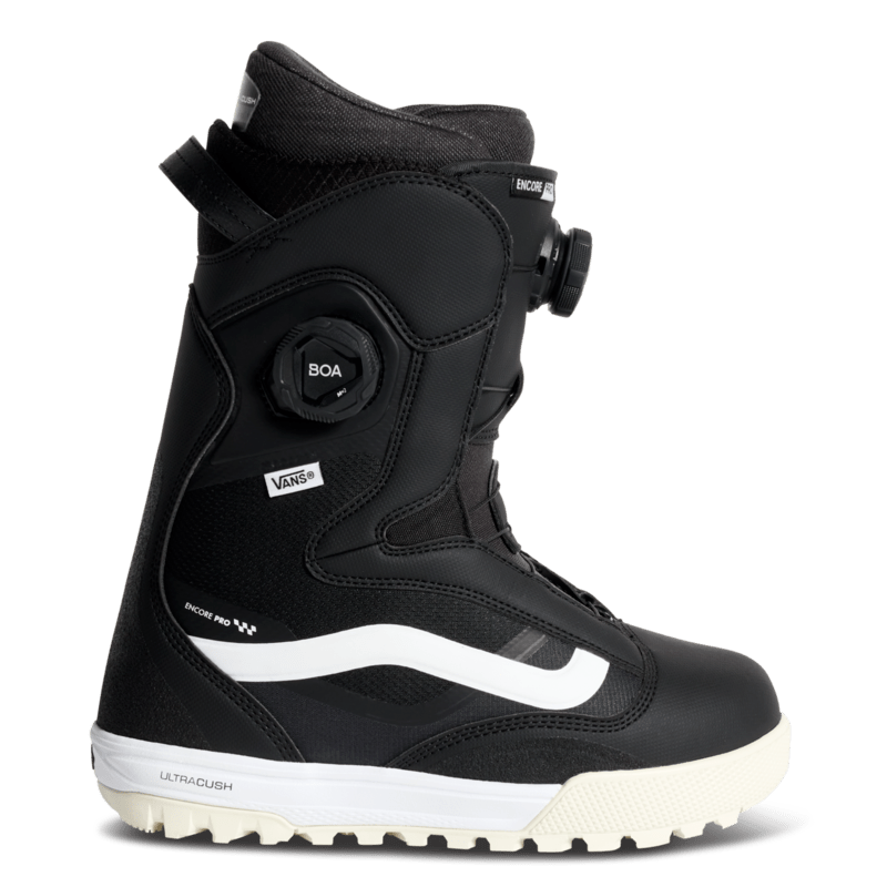 Black snowboard boots with BOA dial and white side stripe, padded tongue and heel.