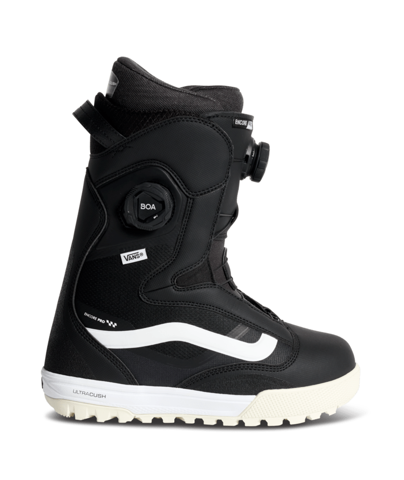 Black snowboard boots with BOA dial and white side stripe, padded tongue and heel.