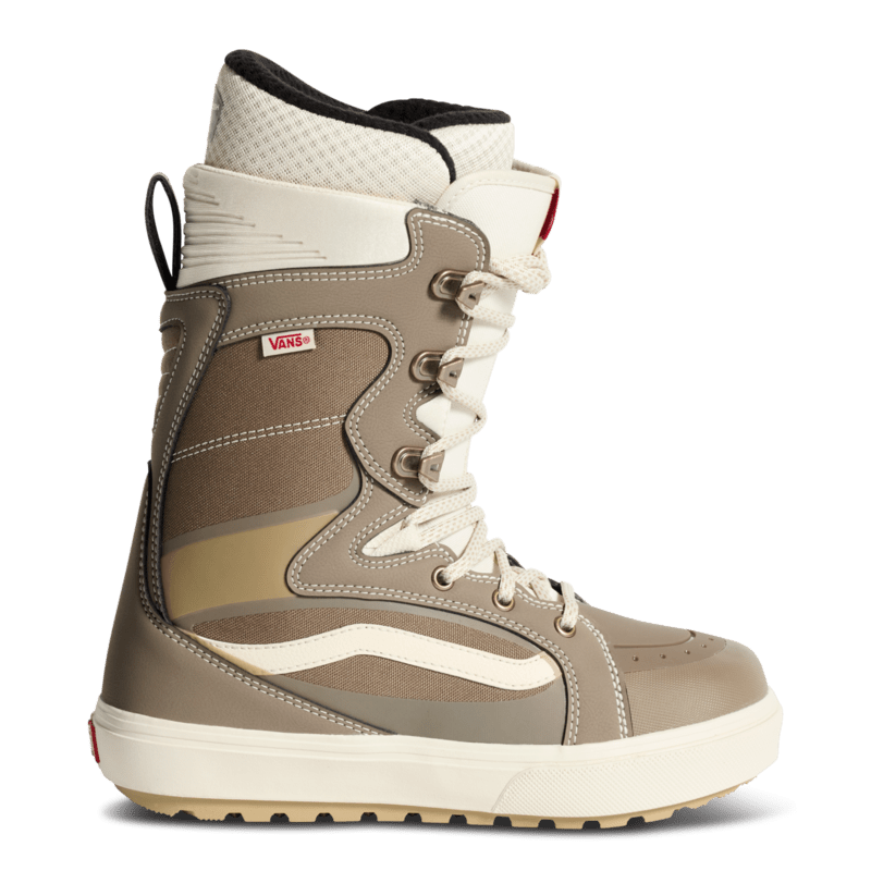 Vans snowboard boots, high-top lace-up in walnut brown and tan with rubber outsole.