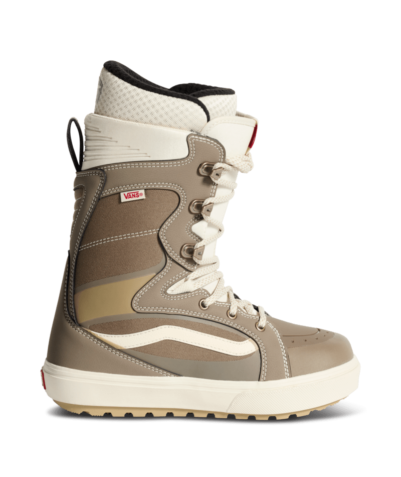 Vans snowboard boots, high-top lace-up in walnut brown and tan with rubber outsole.