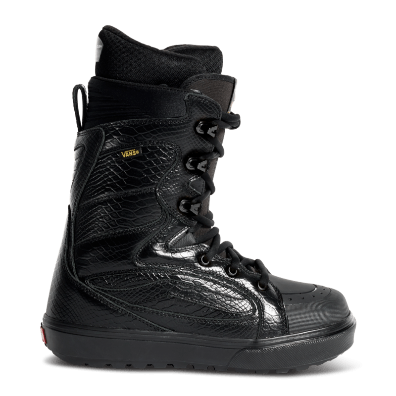 Black high-top snowboard boot with lace-up closure, textured upper and chunky rubber sole.