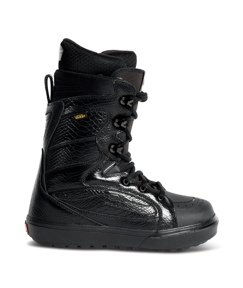 Black high-top snowboard boot with lace-up closure, textured upper and chunky rubber sole.