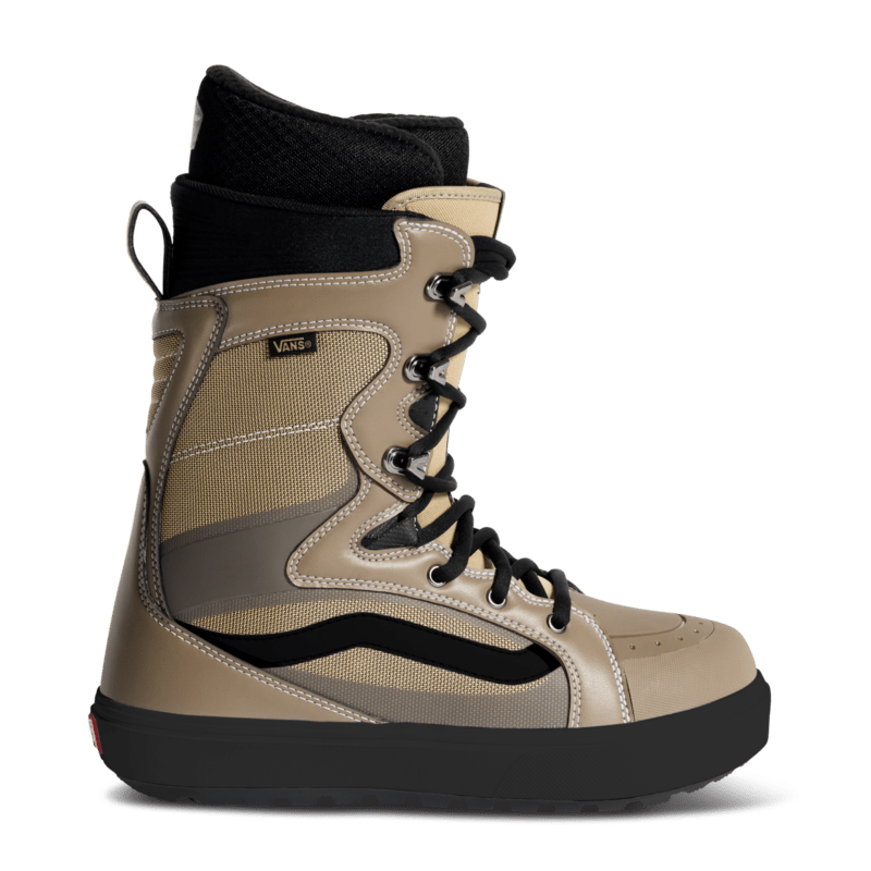 High-top lace-up snowboard boot in tan and black with padded collar and contrast side panels