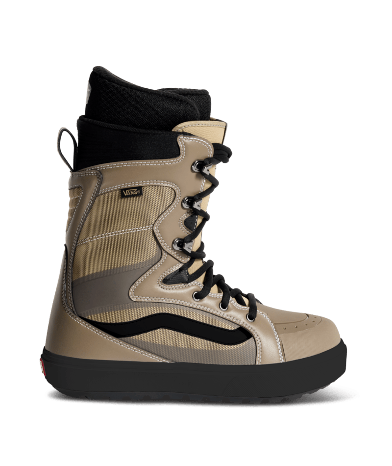 High-top lace-up snowboard boot in tan and black with padded collar and contrast side panels