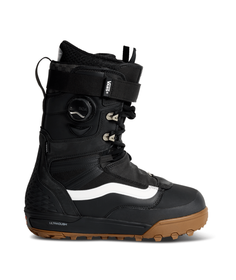 Black/white snowboard boot with BOA dial and ankle strap, lace-up.