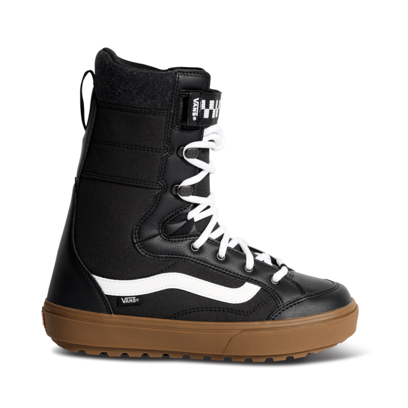 Vans linerless high-top snowboard boots, black with white stripe and gum rubber sole