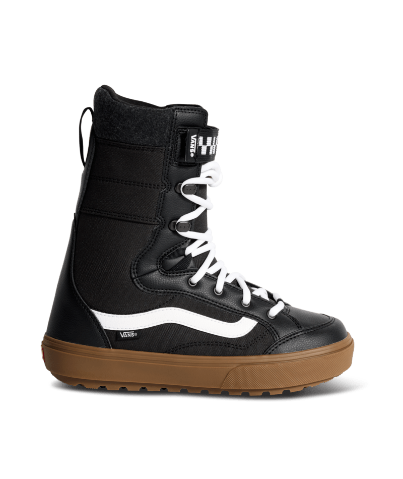 Vans linerless high-top snowboard boots, black with white stripe and gum rubber sole