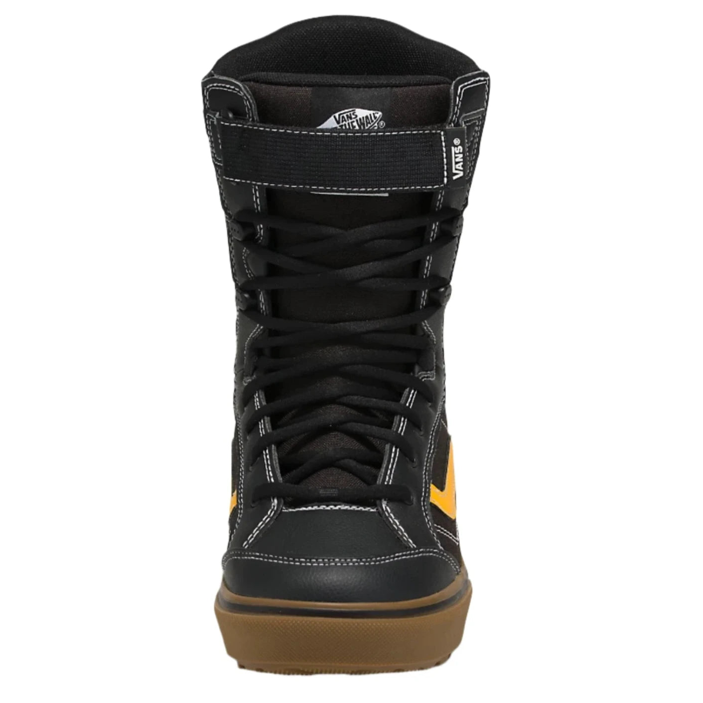 Vans Hi-Standard LL DX Snowboard Boot 2024 - Black snowboard boot with white stitching and a yellow logo on the side.