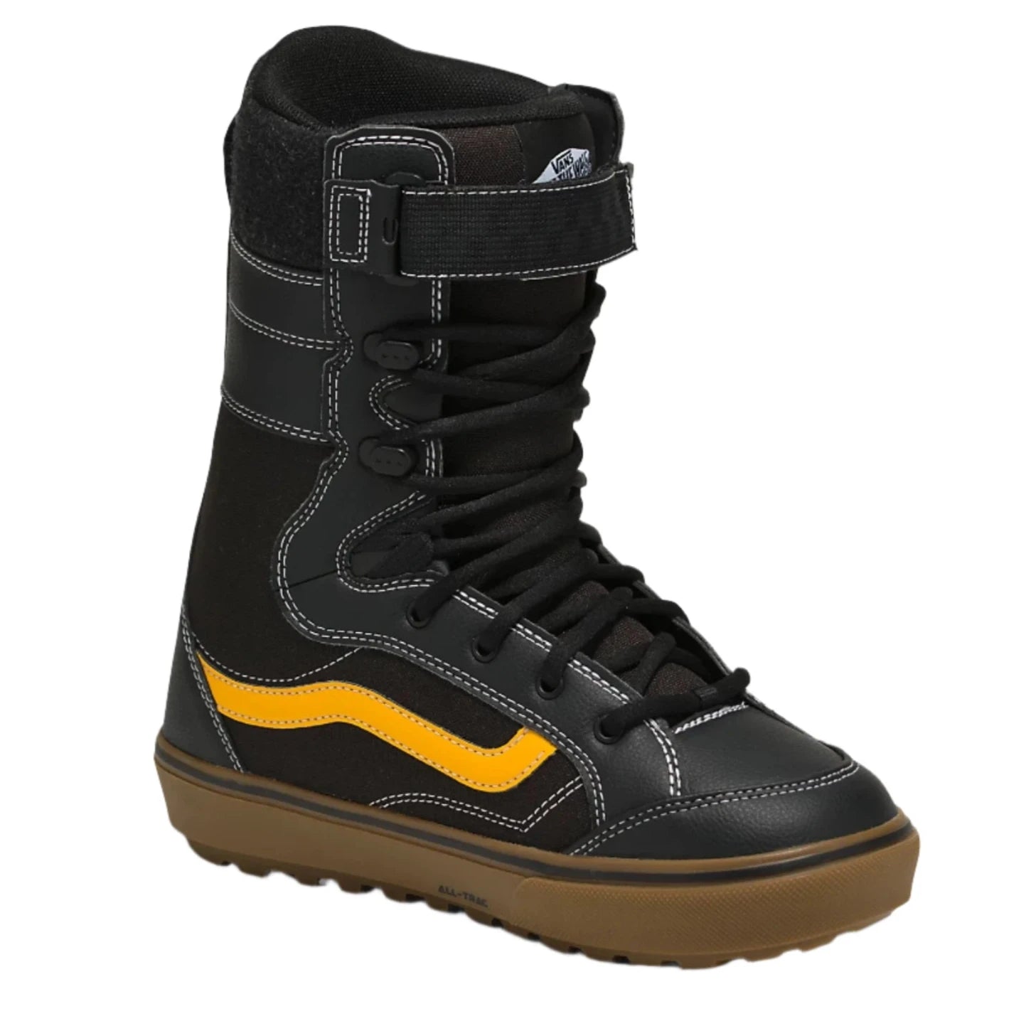 Vans Hi-Standard LL DX Snowboard Boot 2024 - Black snowboard boot with yellow stripe on side and white stitching.