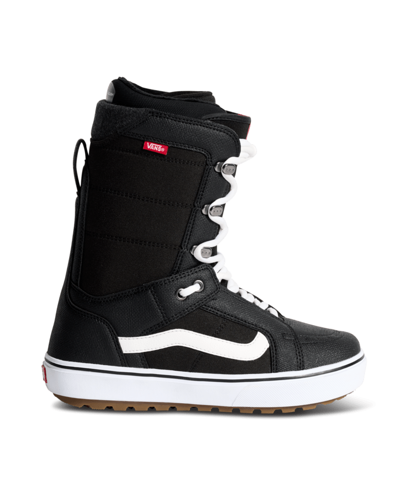 Vans Hi-Standard OG snowboard boots, black high-top with white side stripe and lace-up