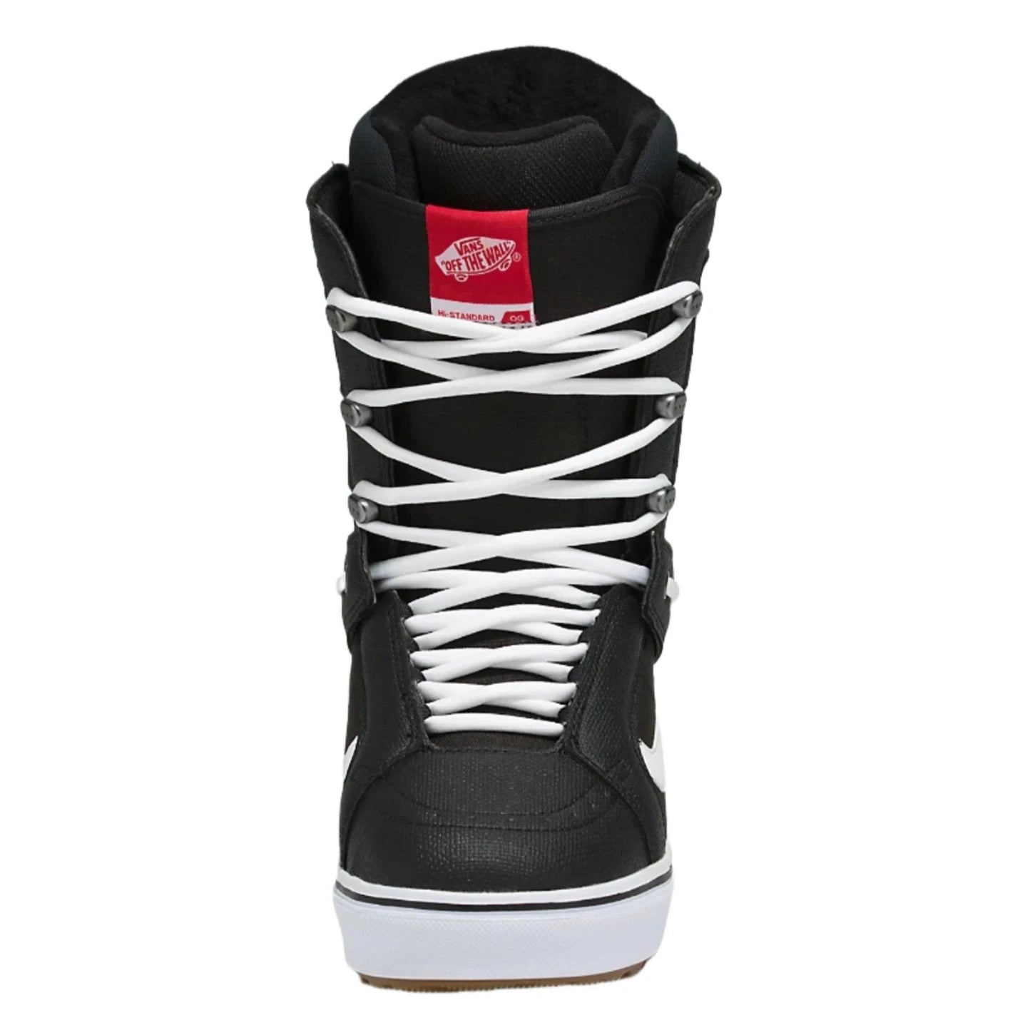 Vans Hi-Standard OG Snowboard Boot 2025 - Black snowboard boot with white laces and a red tag on the tongue.