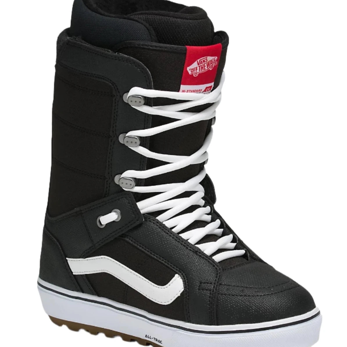 Vans Hi-Standard OG Snowboard Boot 2025 - Black snowboard boot with white accents and a red tag on the tongue.