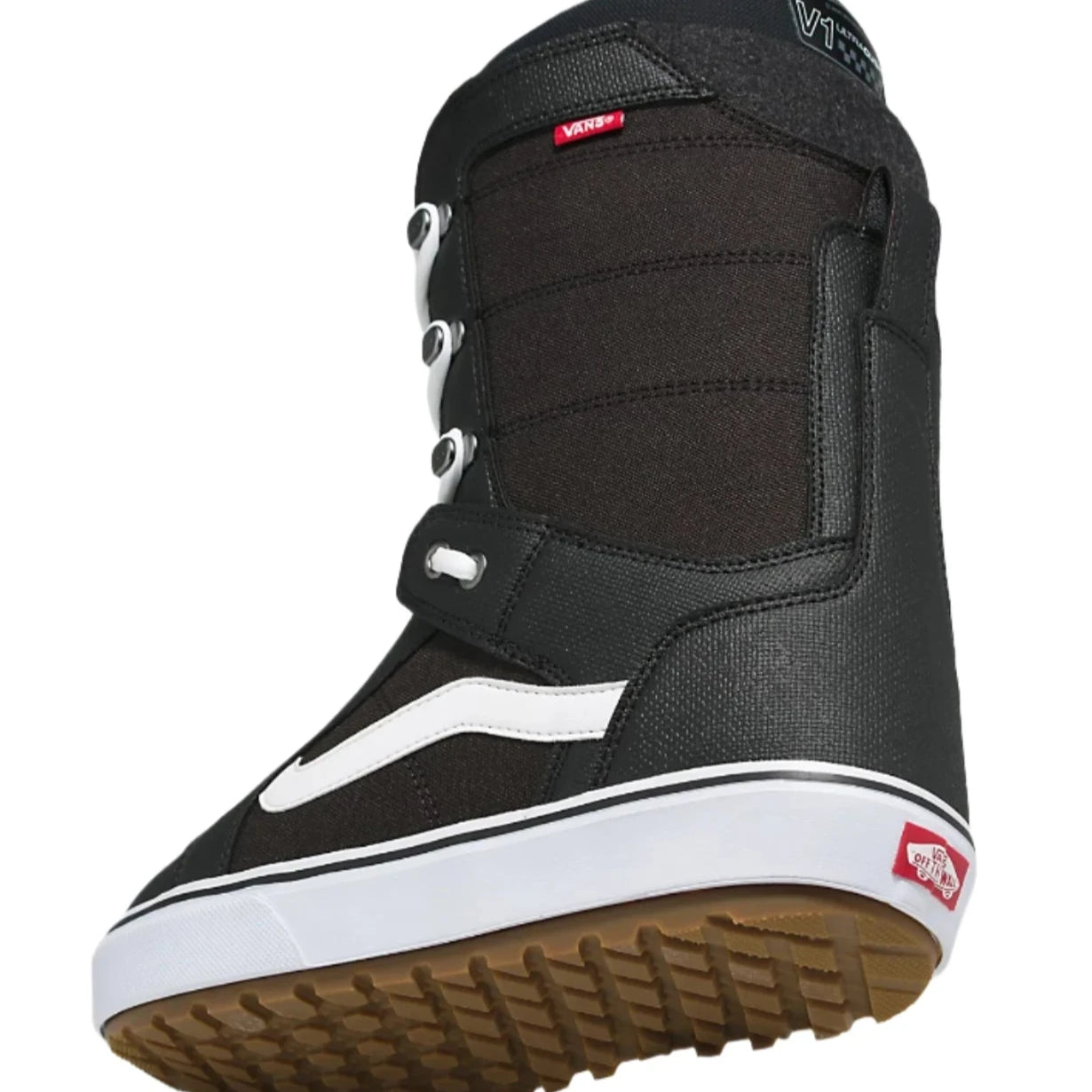 Vans Hi-Standard OG Snowboard Boot 2025 - Black snowboard boot with white laces and a red logo on top.