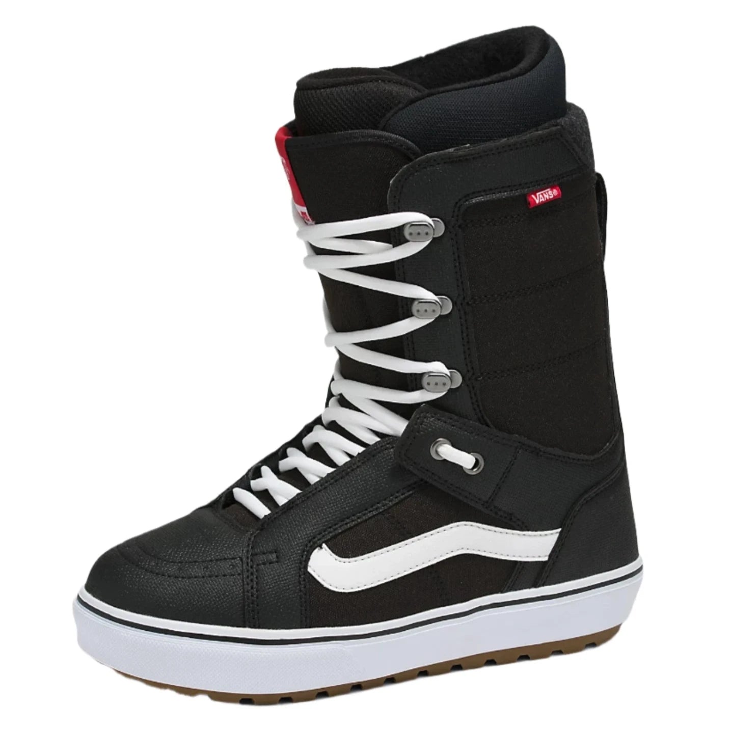 Vans Hi-Standard OG Snowboard Boot 2025 - Black snowboard boots with white laces and a red logo on the side.