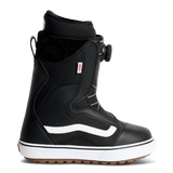 Black snowboarding boot with white Vans-style stripe, padded collar, lace-up and side zipper