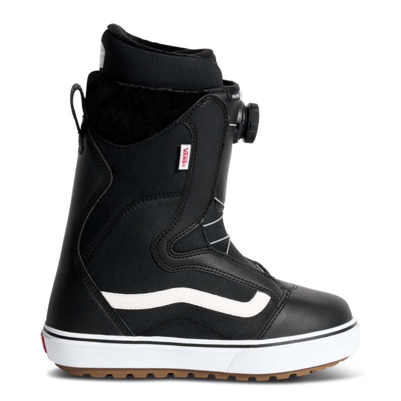 Black snowboarding boot with white Vans-style stripe, padded collar, lace-up and side zipper