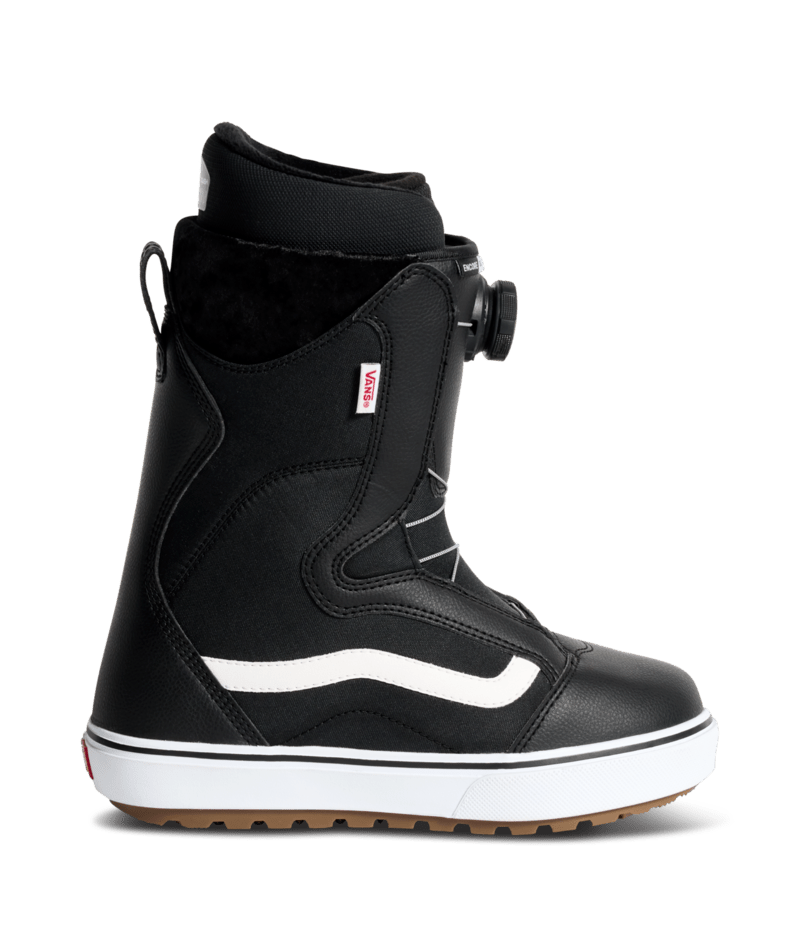 Black snowboarding boot with white Vans-style stripe, padded collar, lace-up and side zipper