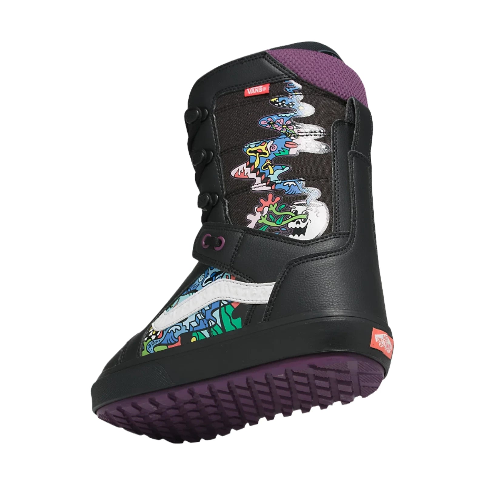 Vans Hi-Standard OG Snowboard Boot 2024 - Black snowboard boot with white stripe and colorful graffiti-style design on side.