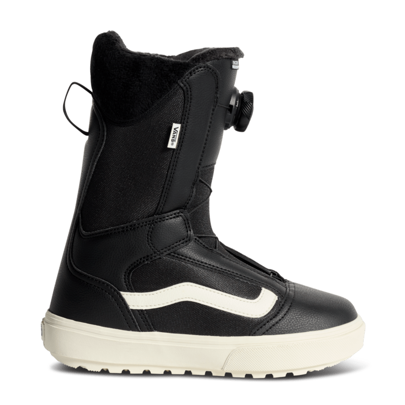 Black linerless snowboard boots with white side stripe and round side buckle