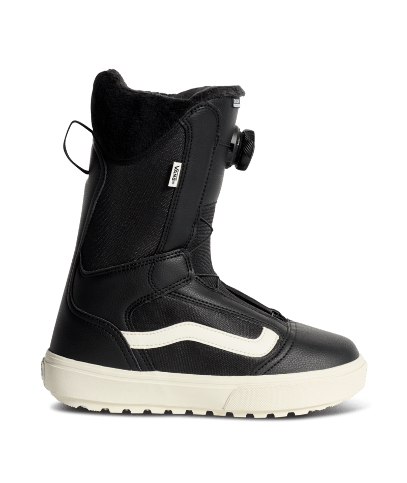 Black linerless snowboard boots with white side stripe and round side buckle