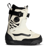 Snowboard boot with BOA dial and black strap; cream upper, black sole