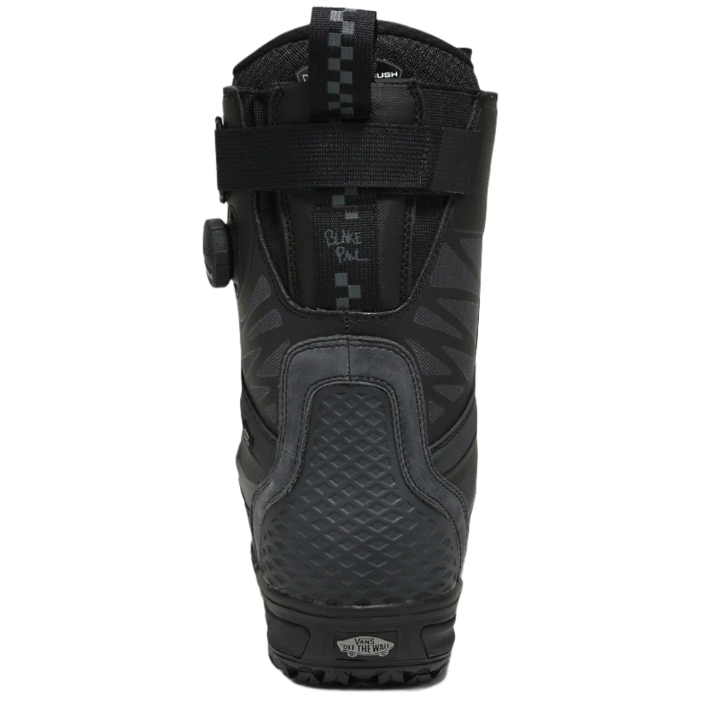 Vans Verse Range Edition x Blake Paul Snowboard Boot 2024 - A black snowboard boot with a textured pattern on the upper and a checkered strap at the top.