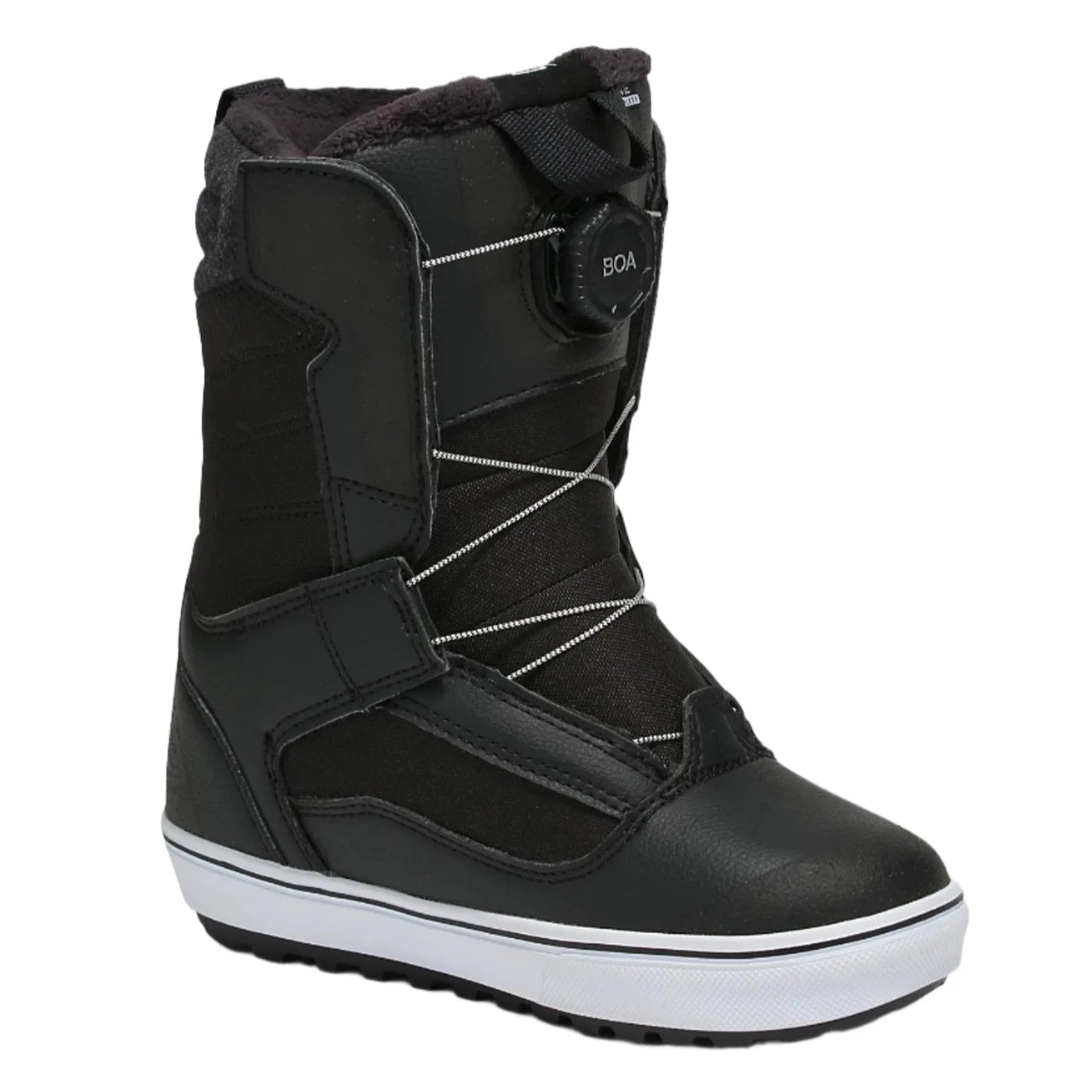 Vans Junior's Juvie Linerless Snowboard Boot 2025 - Black snowboard boots with white trim and a black strap on the side.