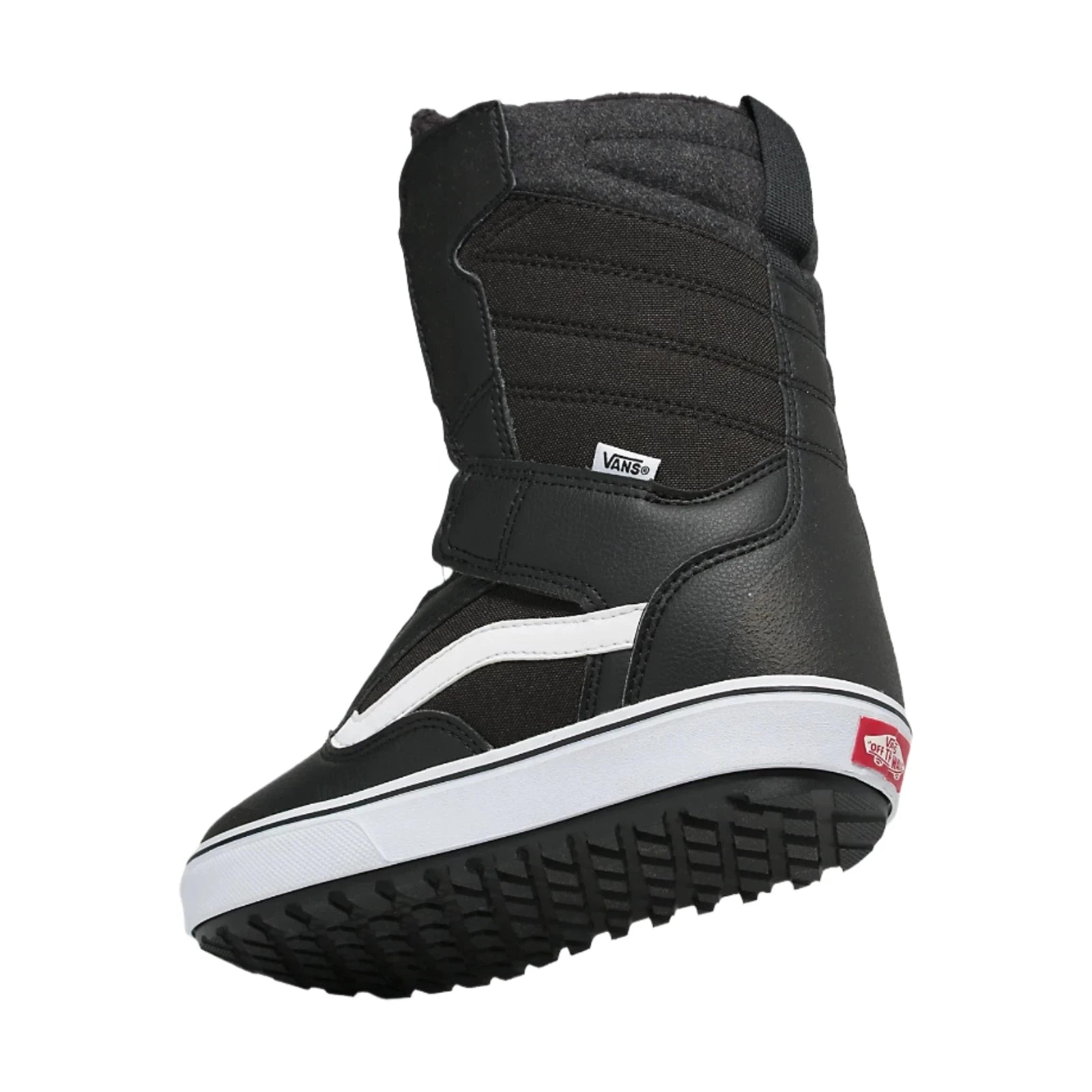 Vans Junior's Juvie Linerless Snowboard Boot 2025 - Black snowboard boot with a white stripe on the side and a red logo on the heel.