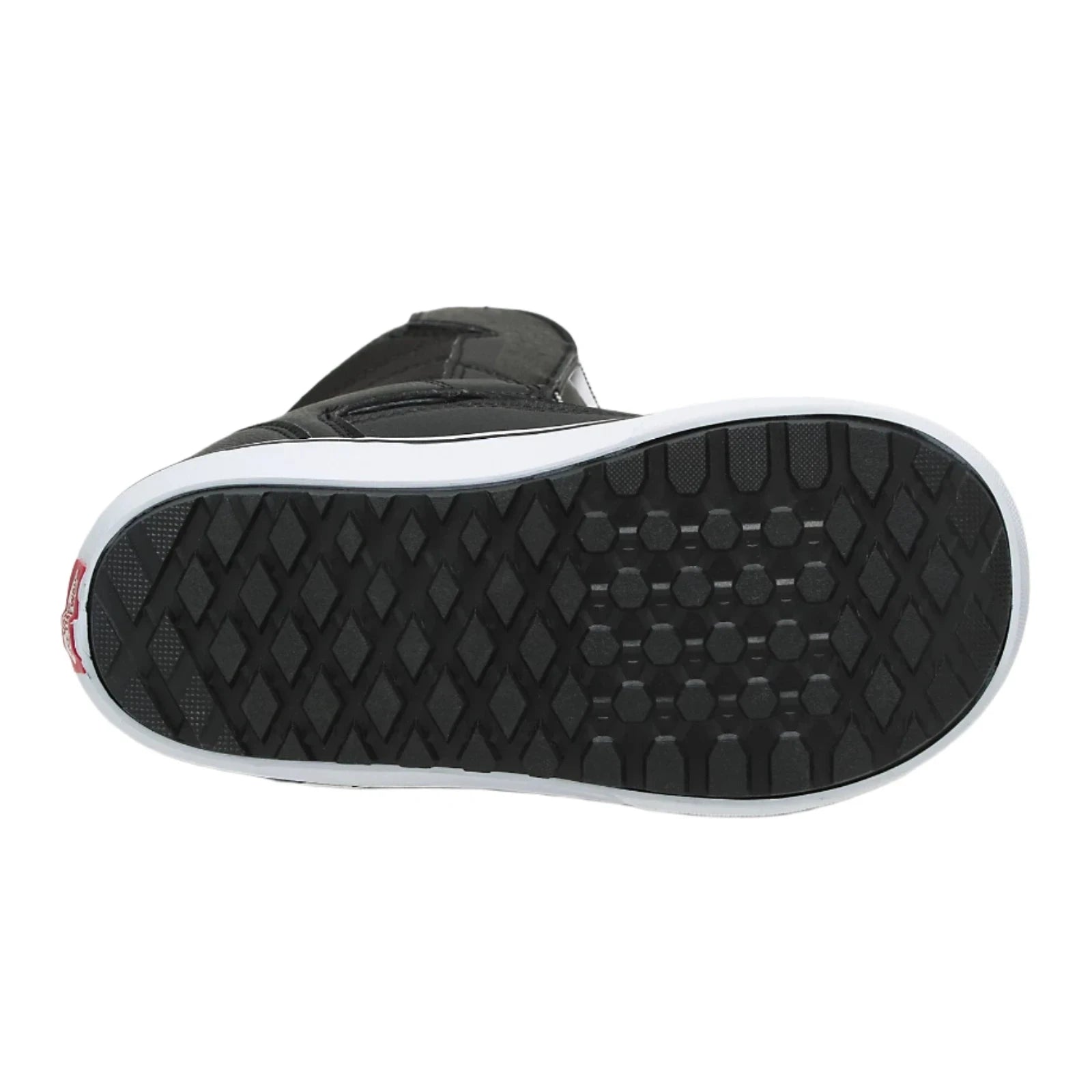 Vans Junior's Juvie Linerless Snowboard Boot 2025 - Black snowboard boot with white trim and red logo on the heel.