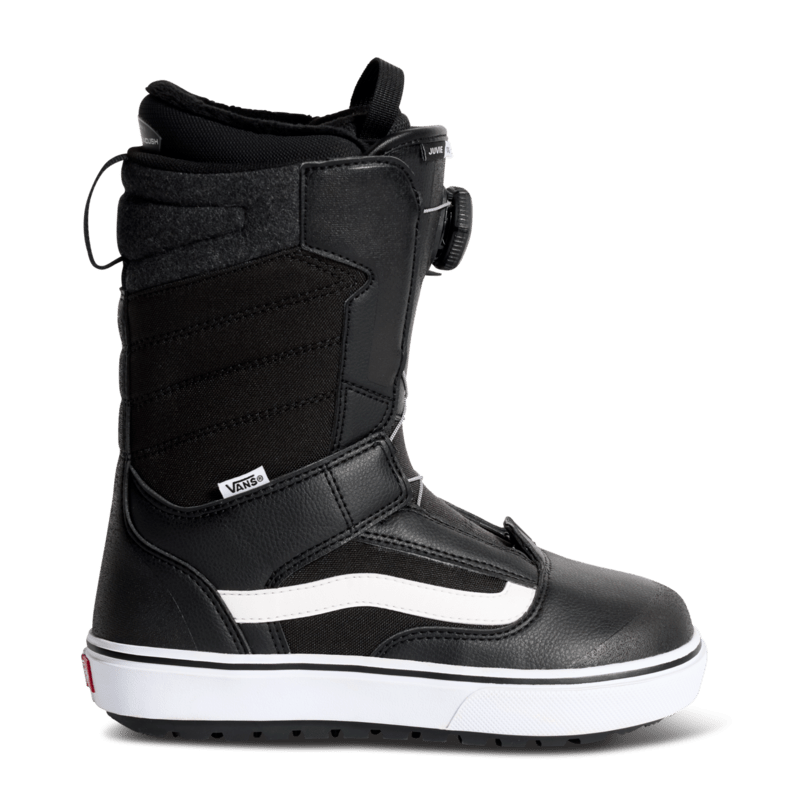 Kids black snowboard boots with white side stripe, padded collar, and hook-and-loop strap