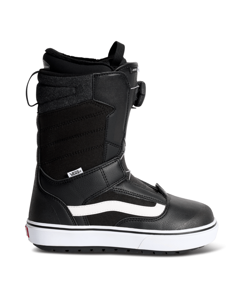 Kids black snowboard boots with white side stripe, padded collar, and hook-and-loop strap
