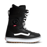 Black snowboard boots with BOA dial, white side stripe, and padded collar