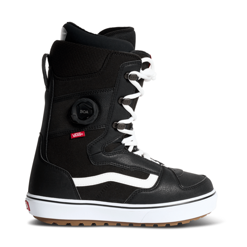 Black snowboard boots with BOA dial, white side stripe, and padded collar