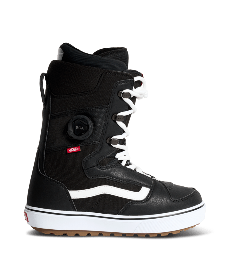 Black snowboard boots with BOA dial, white side stripe, and padded collar