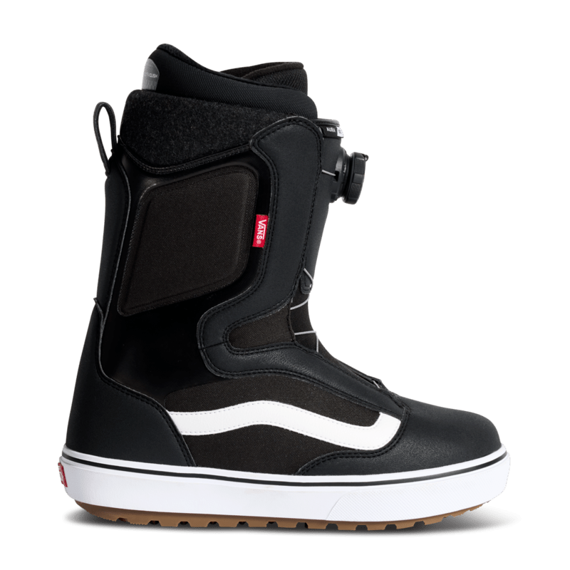 Vans Aura OG snowboard boots in black with white side stripe and padded collar