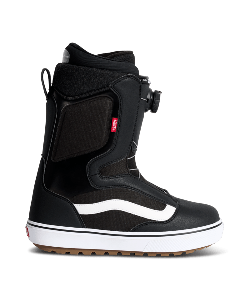 Vans Aura OG snowboard boots in black with white side stripe and padded collar