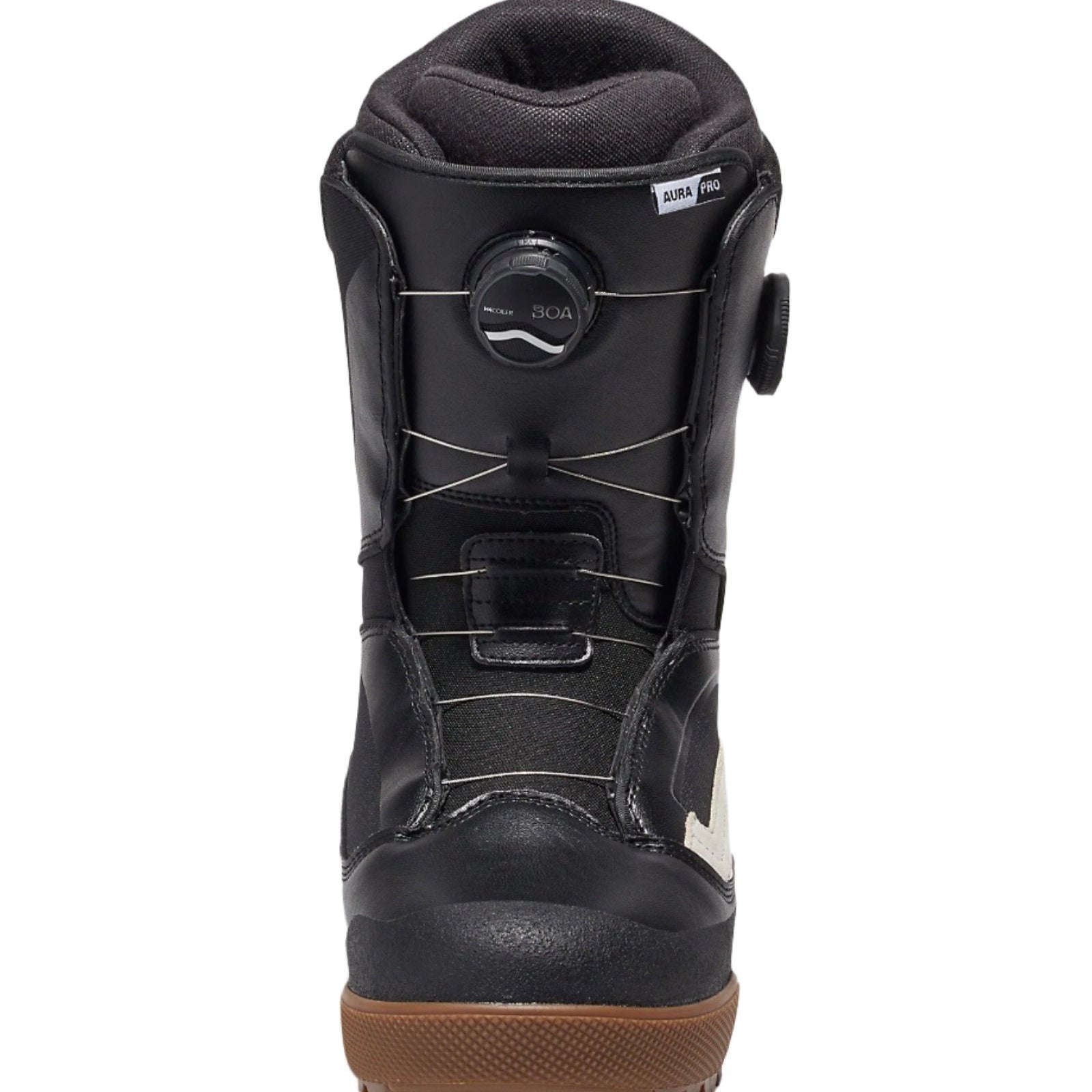 Vans Men's Aura Pro Snowboard Boot 2025 - Black snowboard boot with white logo on side and brown sole.