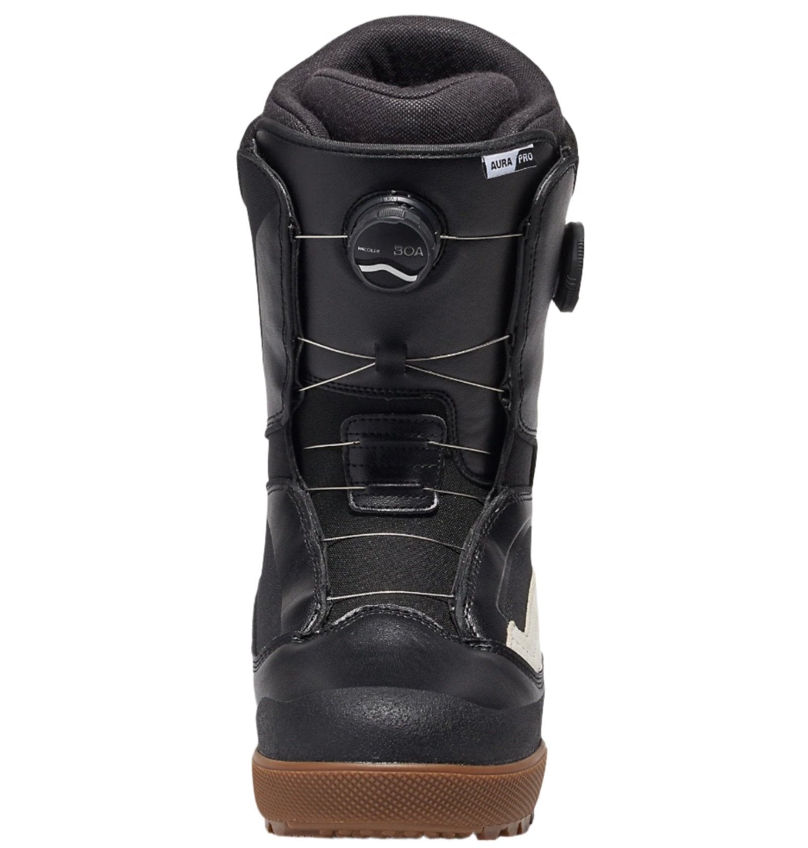 Vans Men's Aura Pro Snowboard Boot 2025 - Black snowboard boot with white logo on side and brown sole.