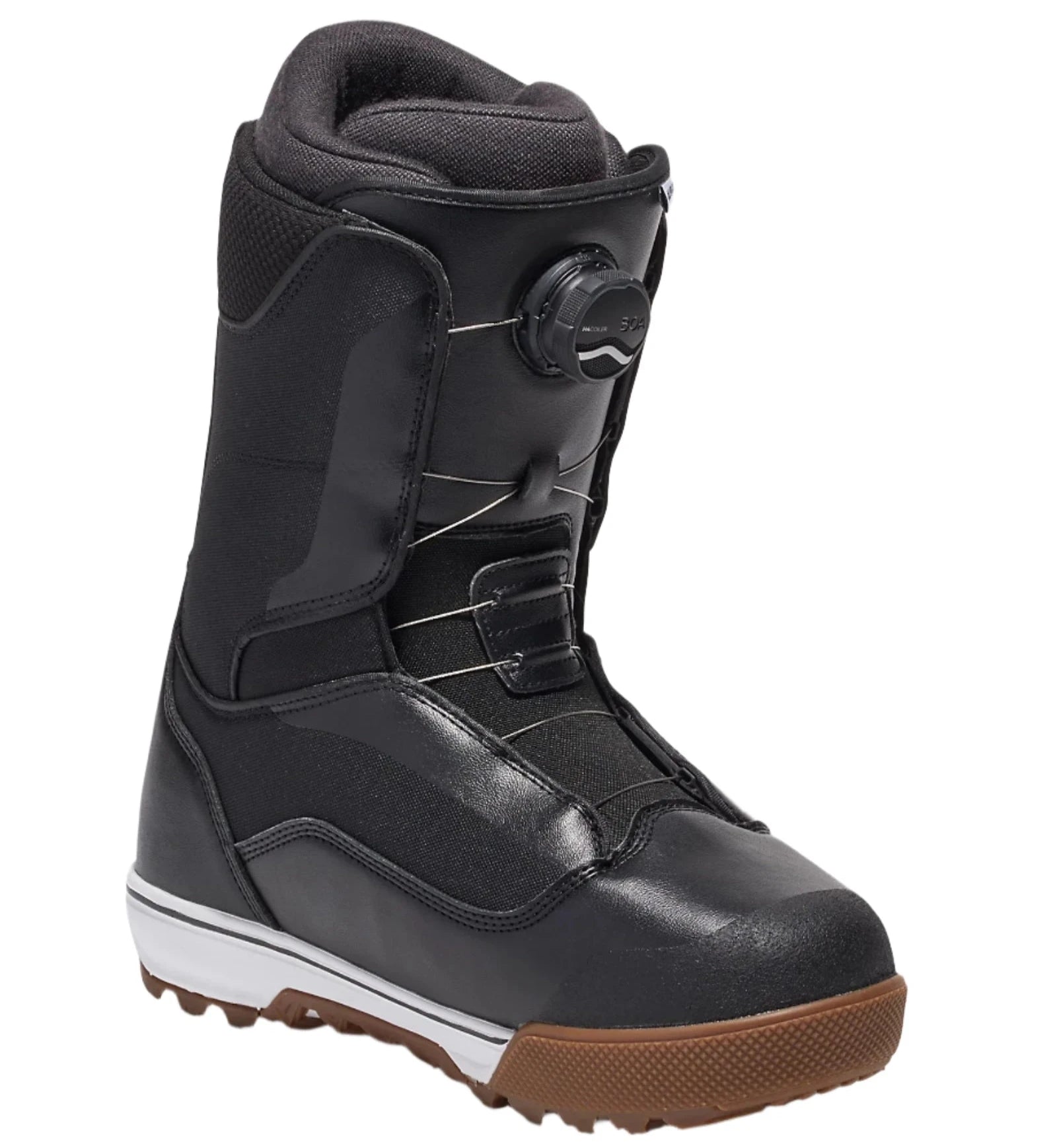 Vans Men's Aura Pro Snowboard Boot 2025 - Black snowboard boot with a white sole and brown tread.