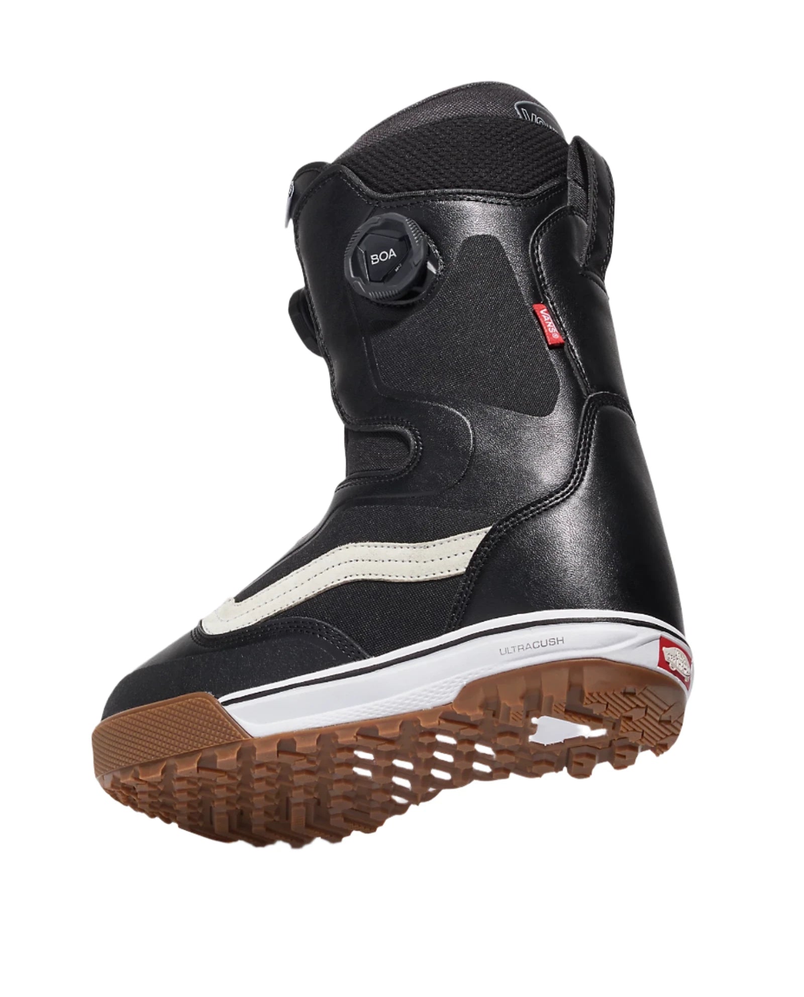 Vans Men's Aura Pro Snowboard Boot 2025 - Black snowboard boot with white stripe on side and brown sole.