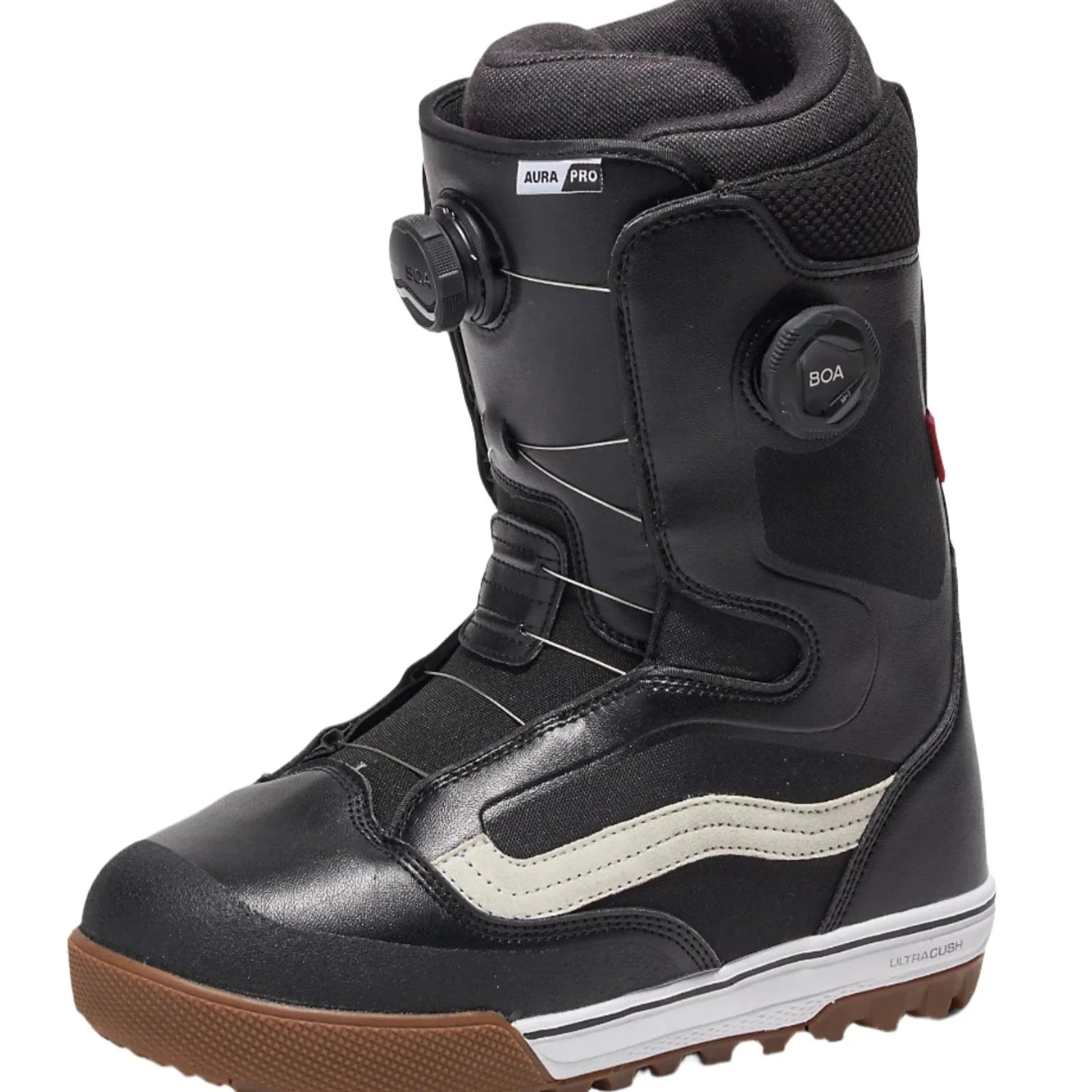 Vans Men's Aura Pro Snowboard Boot 2025 - Black snowboard boot with white accents and a brown sole.