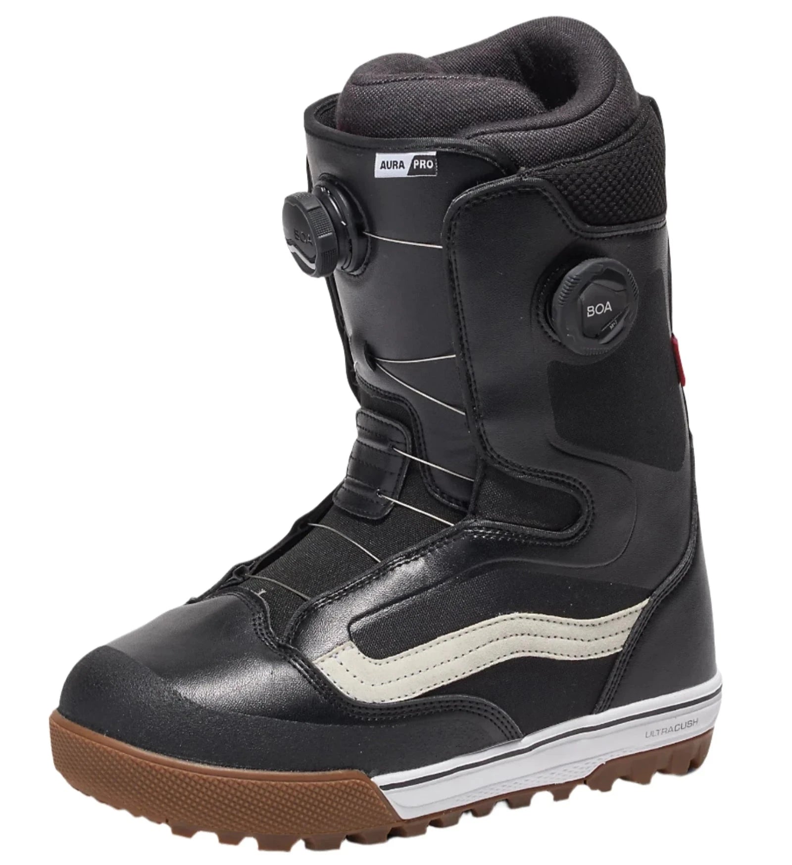 Vans Men's Aura Pro Snowboard Boot 2025 - Black snowboard boot with white accents and a brown sole.