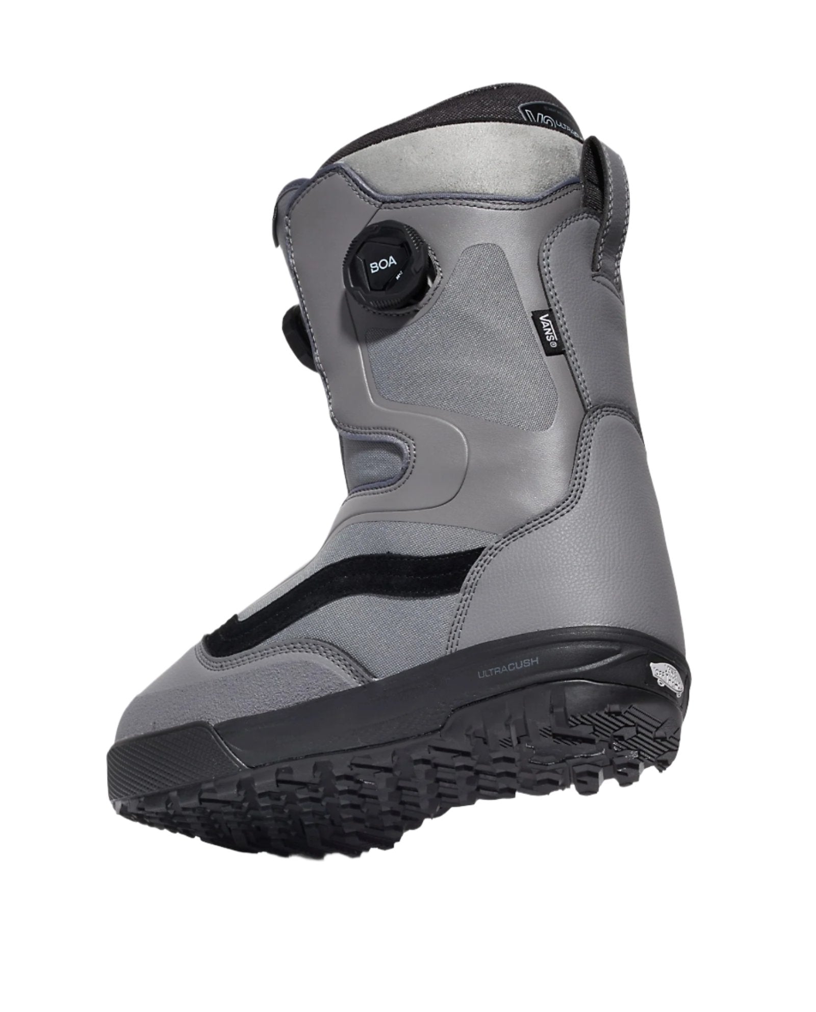 Vans Men's Aura Pro Snowboard Boot 2025 - A gray snowboard boot with a black strap and white lettering on the side.