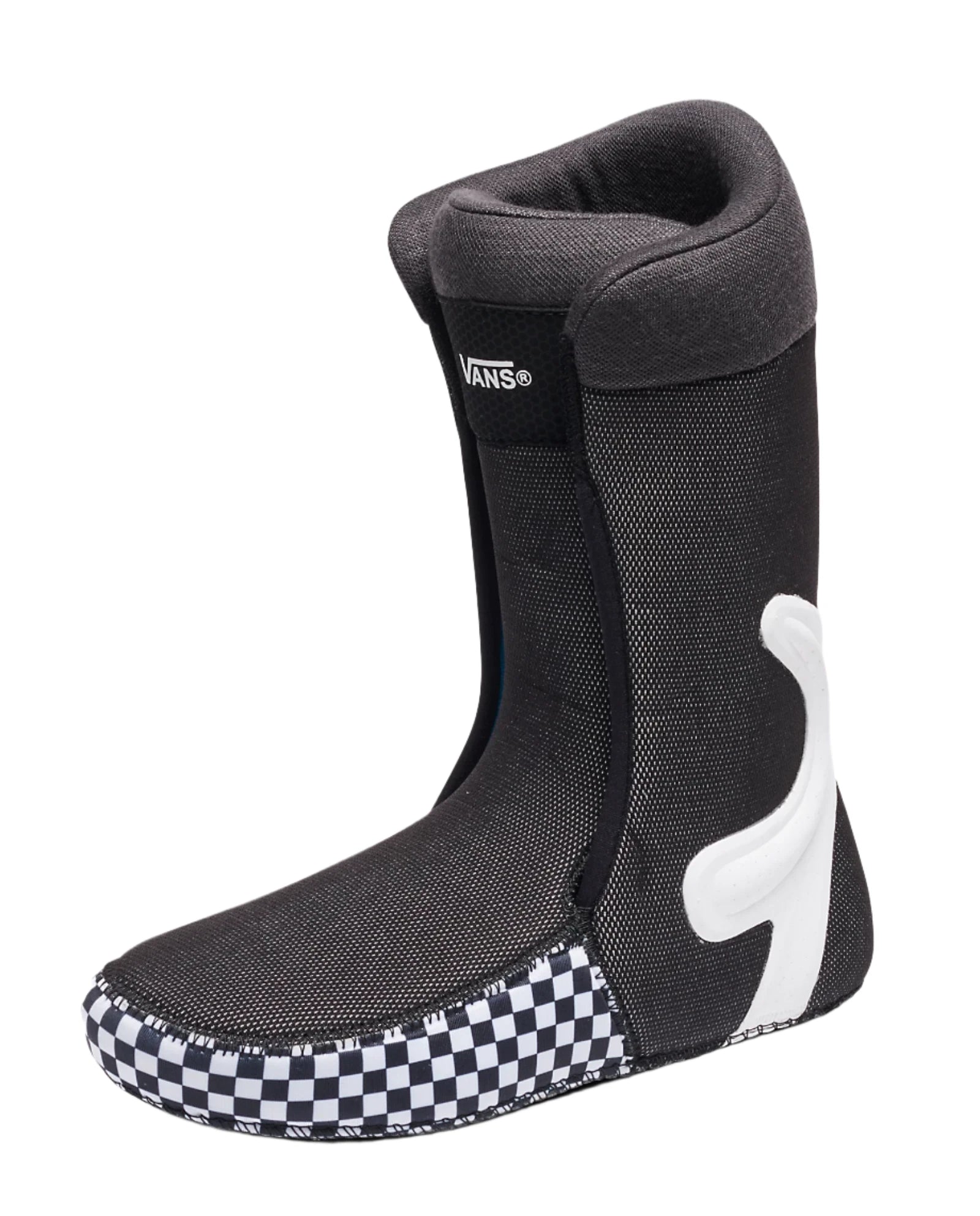 Vans Men's Aura Pro Snowboard Boot 2025 - A black snowboard boot with a white logo on the side and a checkered patterned sole.